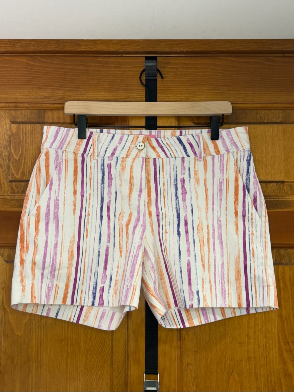 Striped Watercolor Women's Shorts - Cream with Orange & Purple